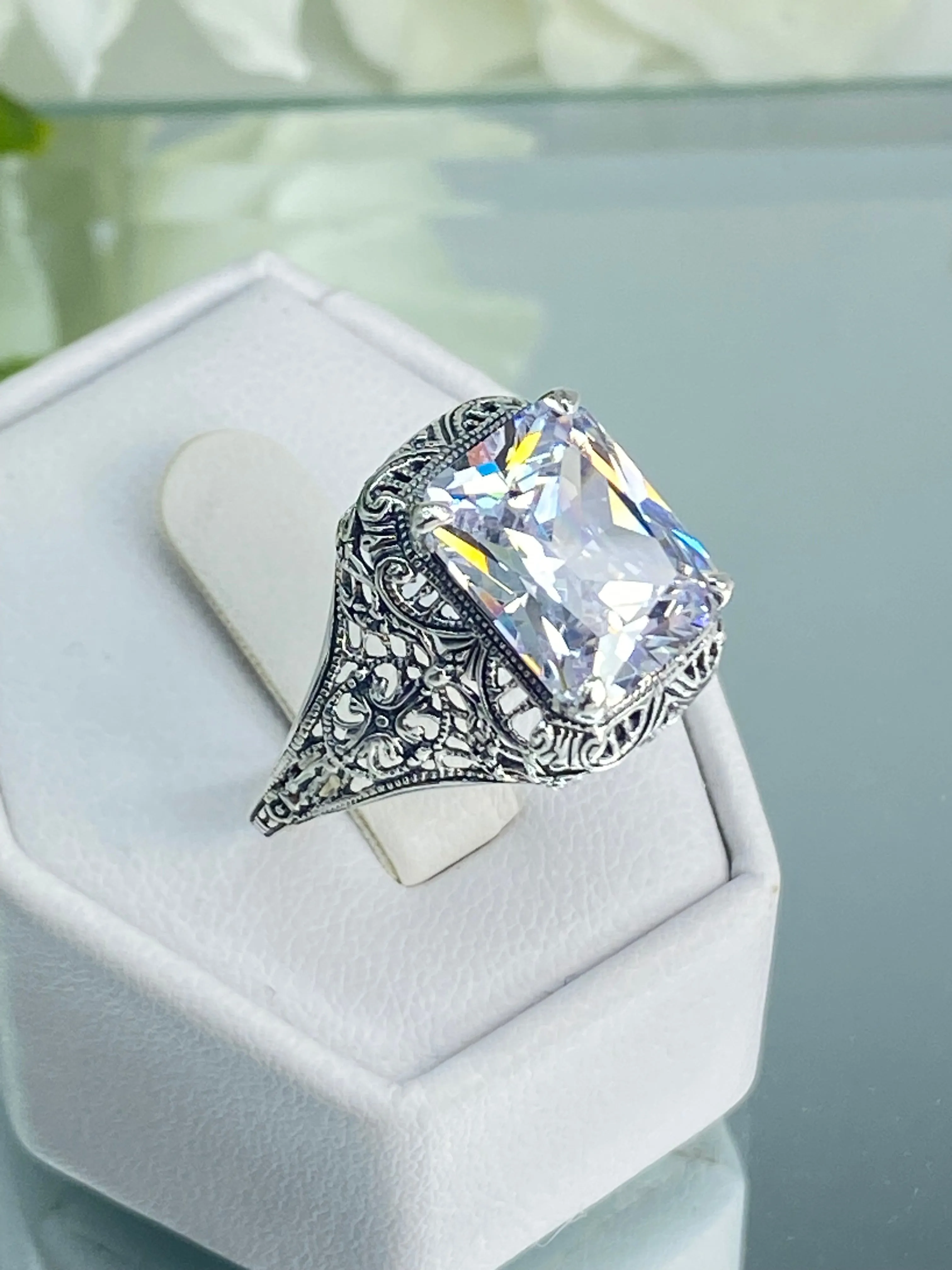 White CZ Ring, Size 8, 5ct Rectangle Gem, Vintage Jewelry #D200 - Ready to Ship