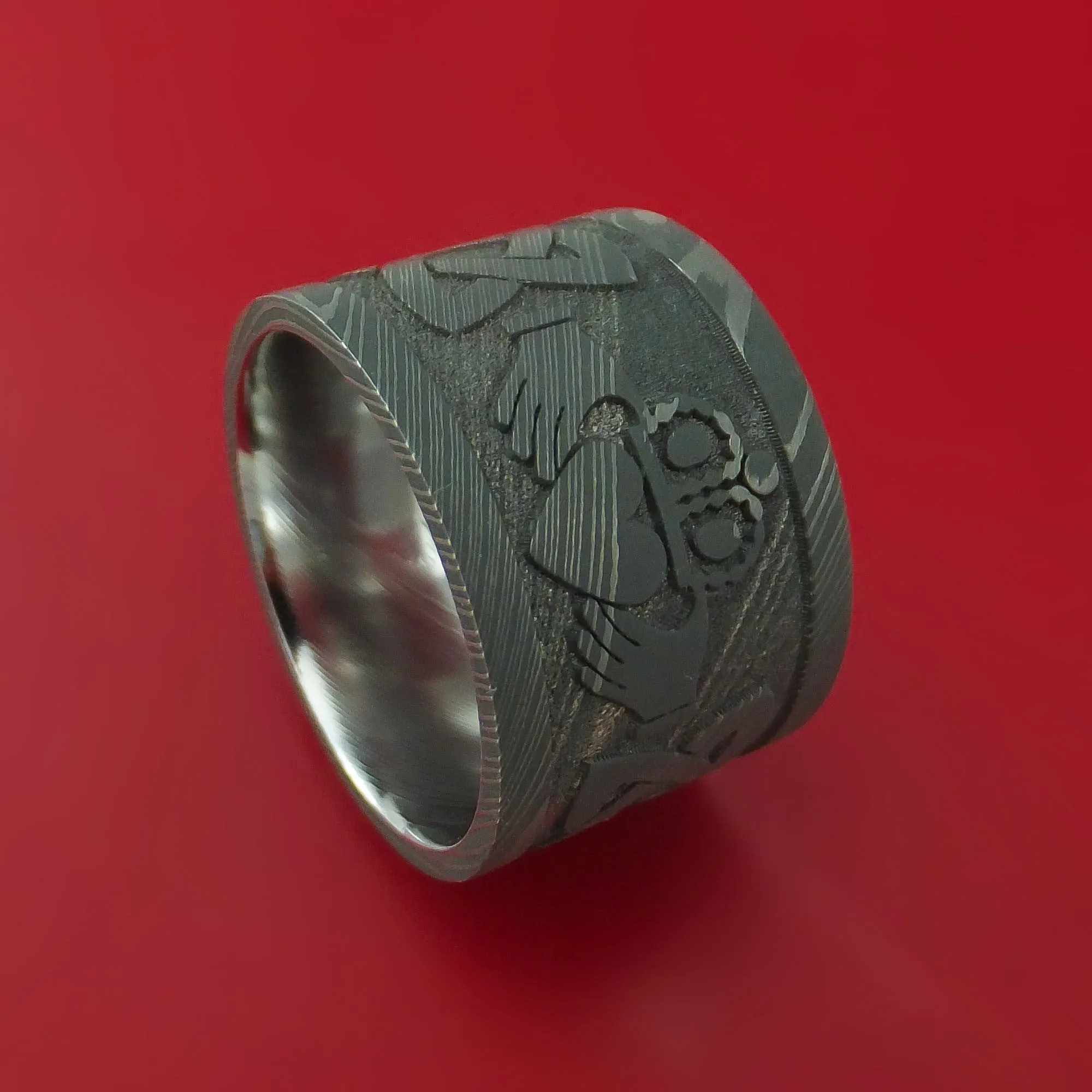 Wide Damascus Steel Celtic Irish Claddagh Ring Hands Clasping Heart Band Carved
