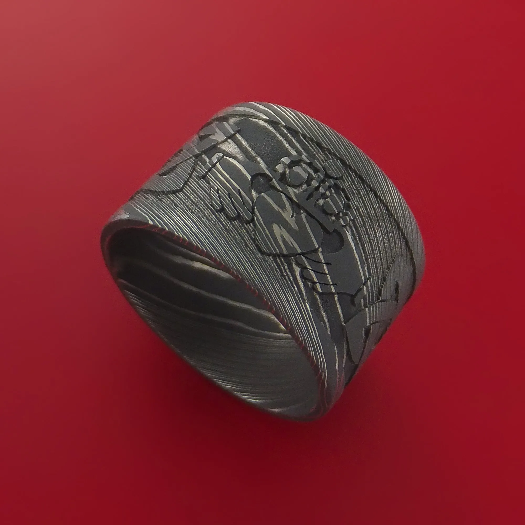 Wide Damascus Steel Celtic Irish Claddagh Ring Hands Clasping Heart Band Carved
