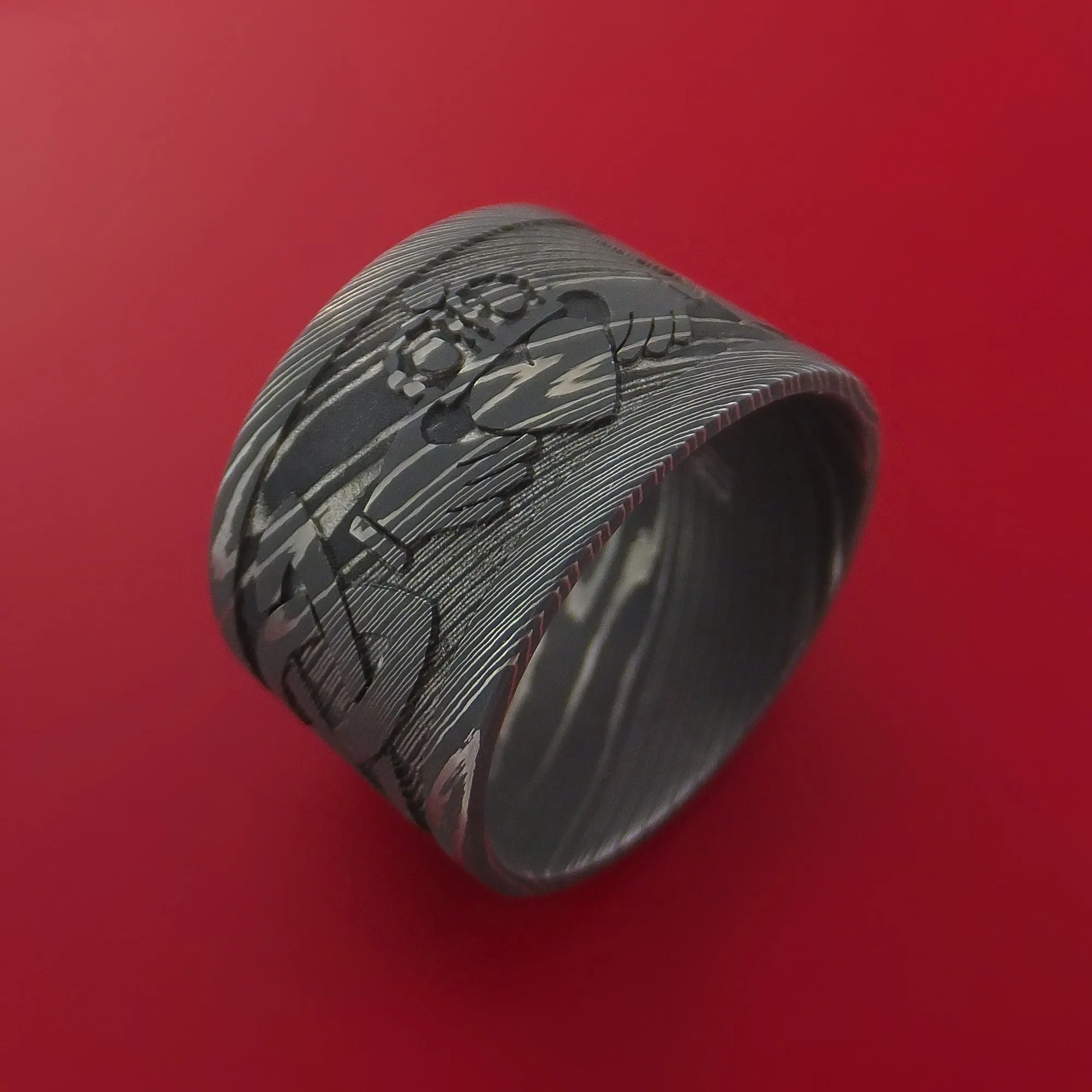 Wide Damascus Steel Celtic Irish Claddagh Ring Hands Clasping Heart Band Carved