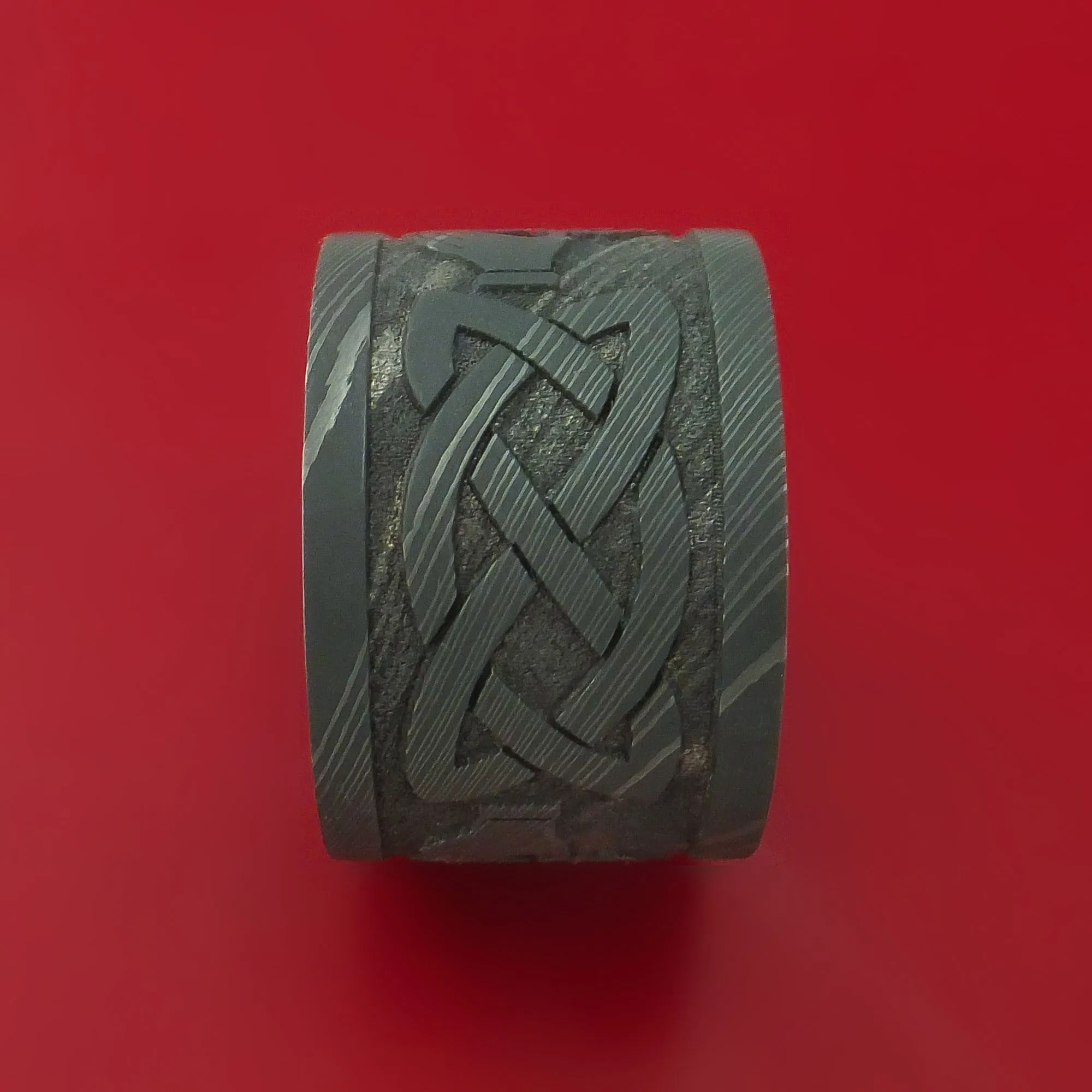Wide Damascus Steel Celtic Irish Claddagh Ring Hands Clasping Heart Band Carved