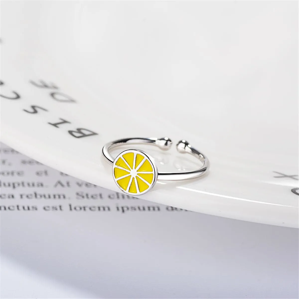 Yellow Enamel & Silver-Plated Lemon Open Ring